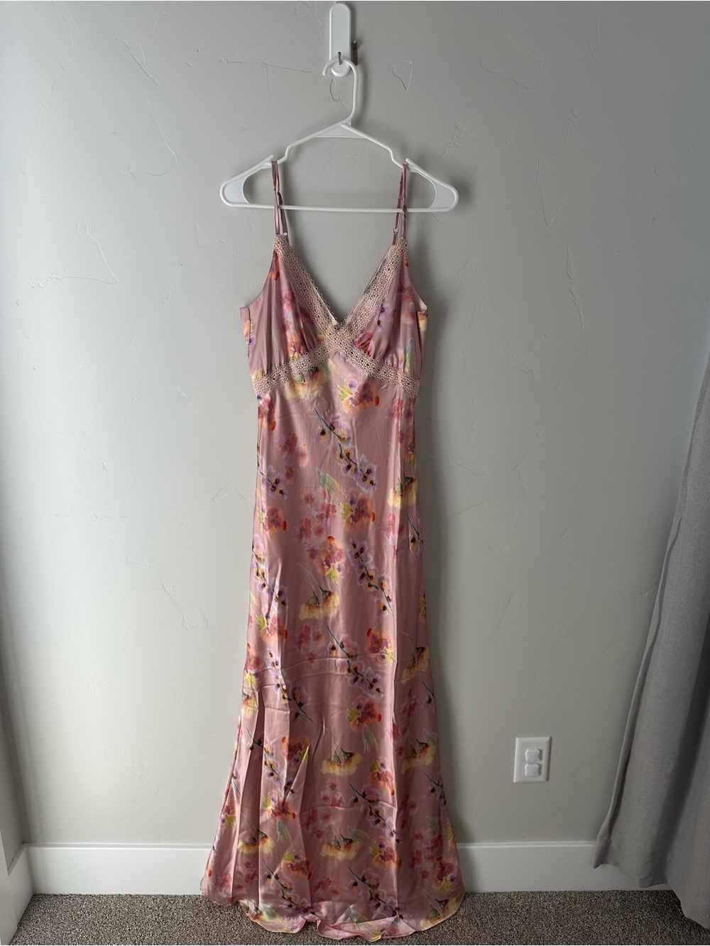 Floral Blush Pink Lace-Trim Maxi Slip Dress